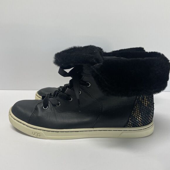UGG Croft Exotic Velvety Snakeskin Faux Fur Black Leather Lace Up Sneaker 11 - Picture 2 of 10